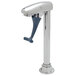 A T&S chrome and blue deck mount glass filler with a metal pipe.
