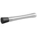 A brushed stainless steel muddler with a textured black end.