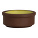 A small round saffron-colored stoneware tray with a brown exterior, designed to be stackable.