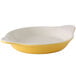 A yellow bowl with a white rim.