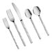 A five-piece set of stainless steel flatware including two forks, a knife, and two spoons.