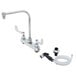 A T&S deck mount faucet with gooseneck spout and sidespray hose.