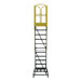 An 11-step extra heavy-duty rolling safety ladder with a yellow safety cage and serrated tread steps.