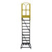 A 10-step extra heavy-duty rolling safety ladder with a yellow safety rail and serrated tread.