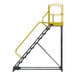 A 10-step extra heavy-duty rolling safety ladder with yellow handrails and a perforated tread platform.