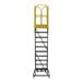 A 10-step extra heavy-duty rolling safety ladder with a perforated tread and a yellow safety cage at the top.
