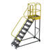 An extra heavy-duty rolling safety ladder with eight serrated steps, yellow handrails, and a platform, designed for industrial use.