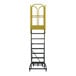 An extra heavy-duty rolling safety ladder with eight serrated steps and a yellow safety guardrail.