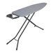A black steel ironing board with a grey cotton cover and an attached iron rest.