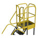 A yellow extra heavy-duty rolling safety ladder with perforated tread and handrails.