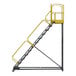 A large, extra heavy-duty rolling safety ladder with twelve steps, yellow handrails, and a perforated tread platform.