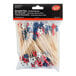 A package of 100 bamboo food or cocktail picks with red, white, and blue star decorations.