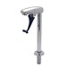 A T&S chrome glass filler faucet with a black handle on a metal pedestal.