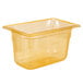 A Vollrath amber plastic food pan with a lid.