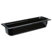 A black rectangular Vollrath plastic food pan with a lid.