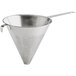 A stainless steel conical strainer with a long handle and perforated body.