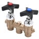 A T&S concealed mixing faucet with two brass valves with blue and red knobs.