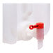A plastic dispensing valve with a red lever attached to a 5-gallon liquid detergent jug.