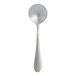 A stainless steel bouillon spoon with a textured handle.