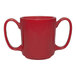 A red ceramic mug with two large handles, designed for healthcare use.