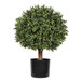 An artificial potted boxwood ball topiary with dense green foliage in a black pot.