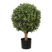 An artificial potted boxwood ball topiary with a round, dense green foliage and a black pot.