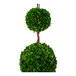 A preserved potted boxwood topiary with three spherical green foliage balls on twisted stems.