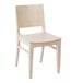 A light-colored solid wood dining chair with a simple, modern design and a slightly curved backrest.