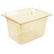 A Vollrath 1/2 size amber high heat plastic food pan with a lid.