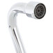 A close-up of a T&S chrome deck-mount sink faucet with a hose attachment.
