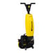 A yellow and black cordless walk-behind ultra-compact dual-disc floor scrubber.