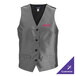 A women's silver brocade vest with a diamond pattern and customizable embroidery, designed for servers.