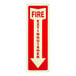 A red and white adhesive vinyl safety label with a down arrow and the words 'Fire Extinguisher' that glows in the dark.