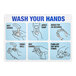 A rectangular white, blue, and black reflective aluminum safety sign with illustrated instructions for washing hands.