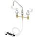 A T&S chrome deck-mount faucet with a side spray hose.