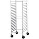 An unassembled metal Advance Tabco sheet pan rack with wheels.