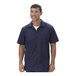 A men's medium vintage navy short-sleeve full-zip service or housekeeping shirt made from a poly/cotton blend.