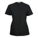 A women's black short-sleeve snap-front housekeeping tunic with two front pockets.