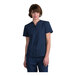 A women's vintage navy snap-front housekeeping tunic in an extra large size, made from a poly/cotton blend.
