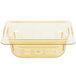 A Vollrath high heat amber plastic food pan with a clear lid.