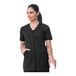 A women's black short-sleeve housekeeping tunic with a full front zipper and two pockets.