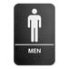 A black and white plastic men's restroom sign with a male figure, the word 'MEN,' and Braille at the bottom.