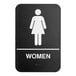 A black and white plastic women's restroom sign with braille.