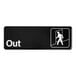 A rectangular black and white plastic sign with the word 'Out' and an icon of a person exiting through a door.
