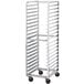 An Advance Tabco aluminum sheet pan rack with wheels.