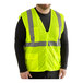 A lime green high visibility mesh safety vest with reflective stripes, designed for surveyors.