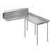 A stainless steel L-shape dishtable with legs.