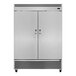 A stainless steel, double-door reach-in freezer.