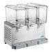 A triple-bowl refrigerated beverage dispenser with clear containers and metal base, designed for serving cold drinks.