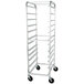 A white metal sheet pan rack with wheels.